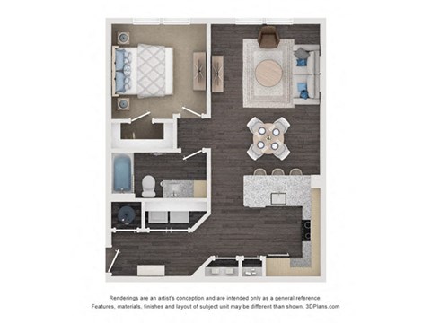 Floor plan for 1 bed, 1 bath, 754 sqft